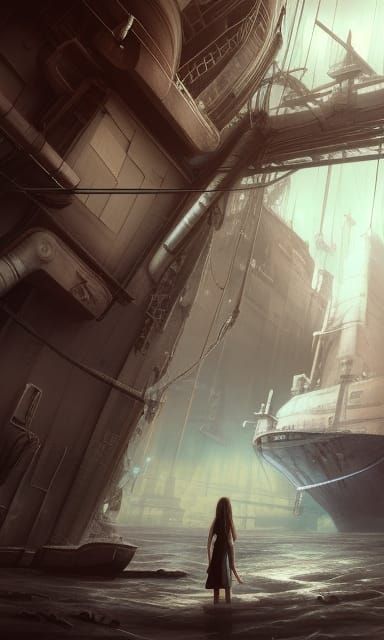 Girl Trapped in Ship Door: Cyberpunk Matte Painting