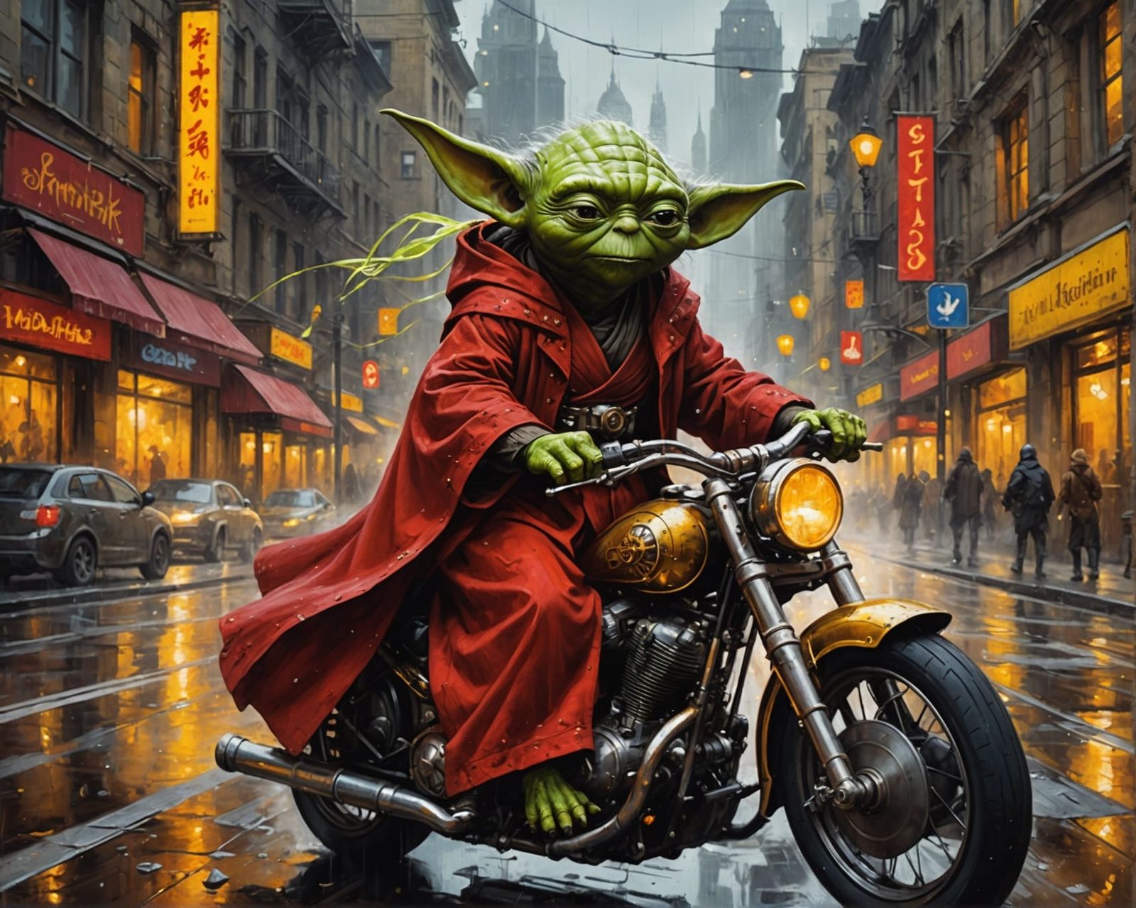 Steampunk Yoda Rides Motorcycle in Night City