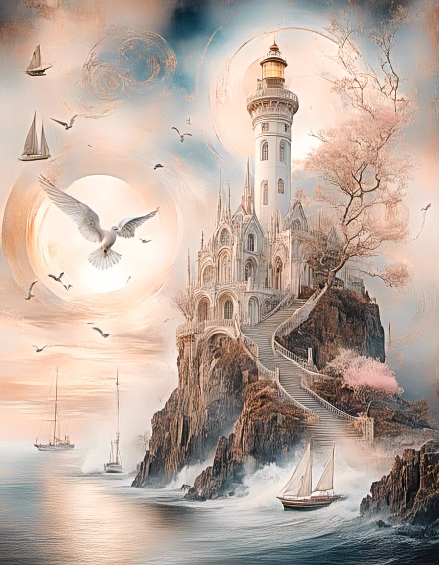 Surreal Gothic Lighthouse Amidst Dreamlike Pastel Skies