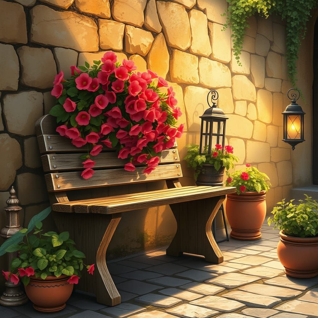 Rustic Bench Adorned with Red Flowers and Lanterns in Waterc...