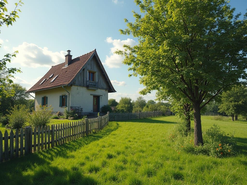 Realistic House with Apple Tree in Sunny Garden