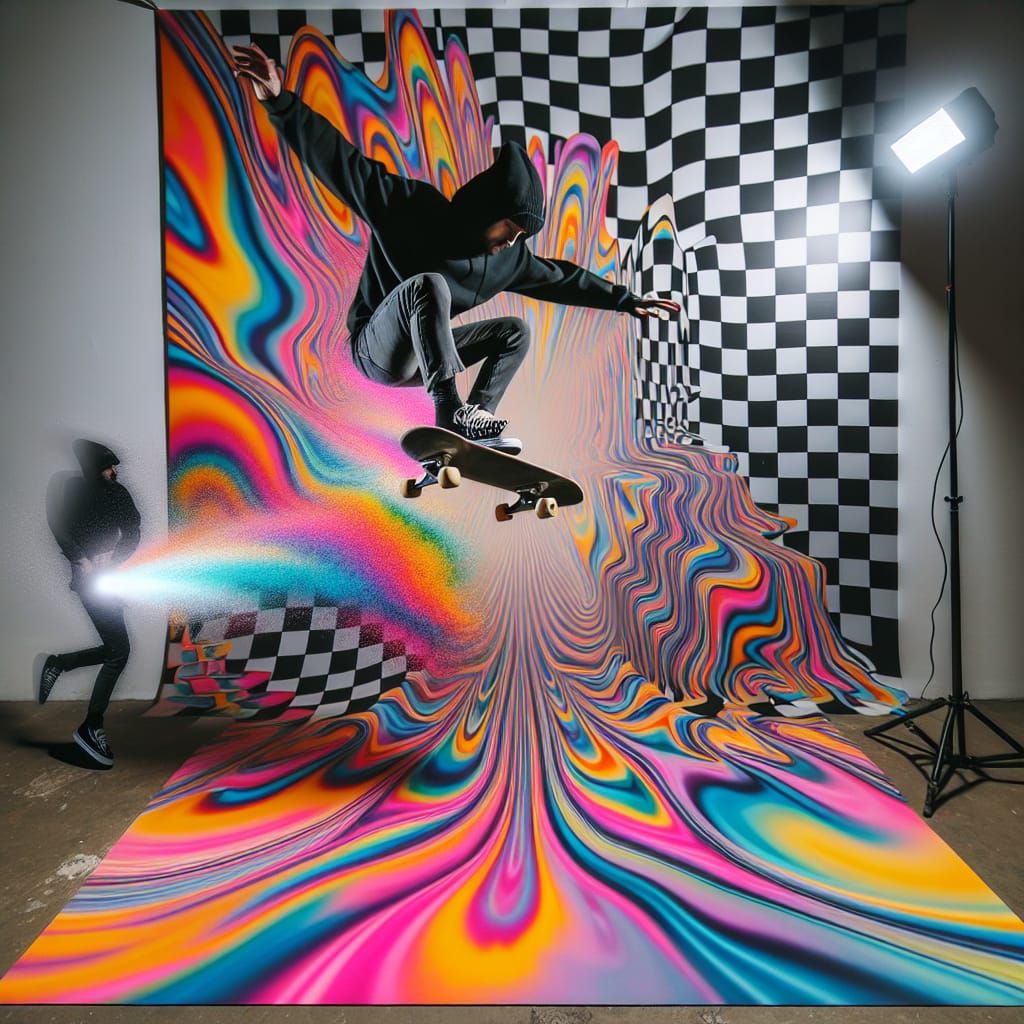 Psychedelic Skateboarder in Mid-Air, Neon Light Painting