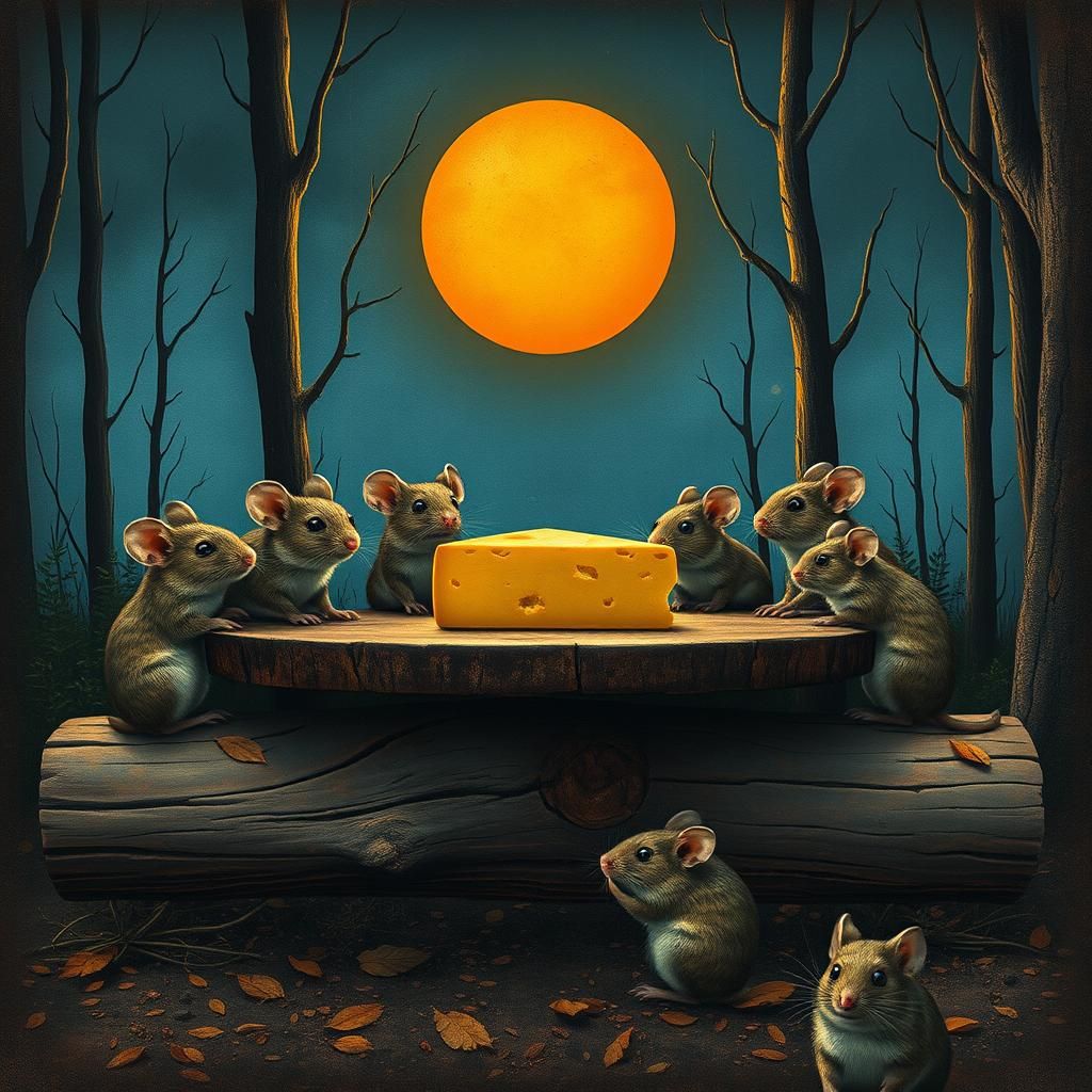 Whimsical Wood Mice Family in Dark Fantasy Forest