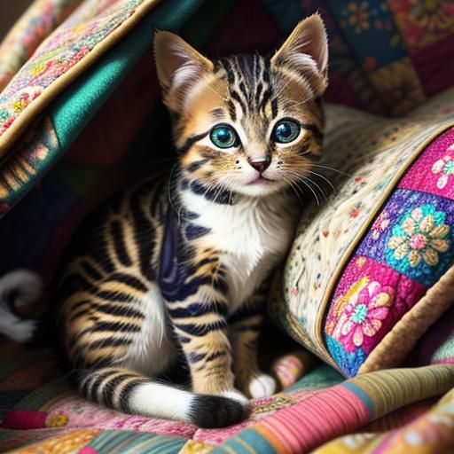 Kitten Peeks Out from Patchwork Quilt