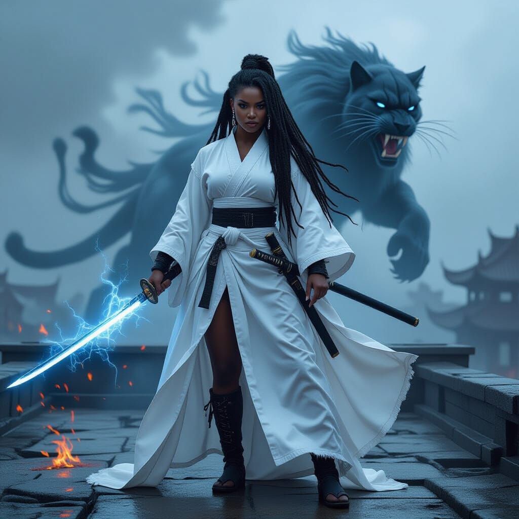 African American Warrior Woman on Rooftop with Spirit Panthe...