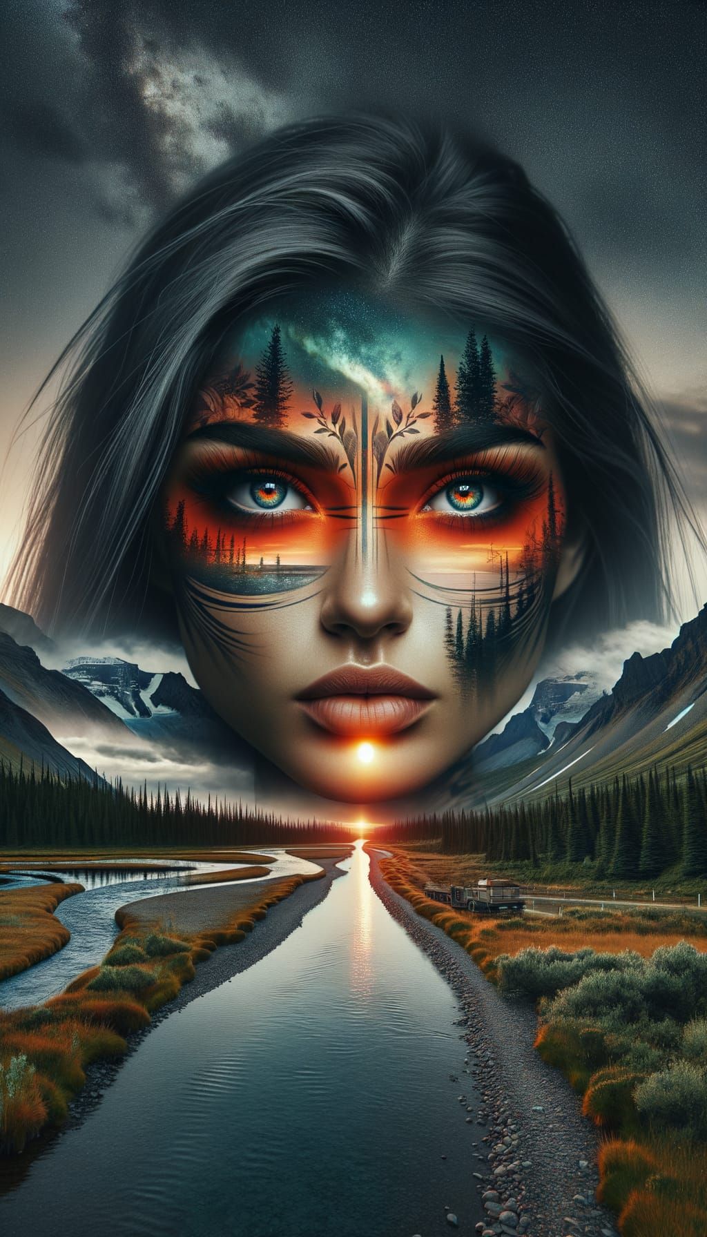 Striking Woman with Tattoos in Digital Double Exposure