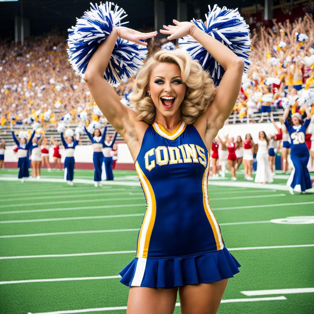 Excited Cheerleader Waving Pom Poms in Stadium