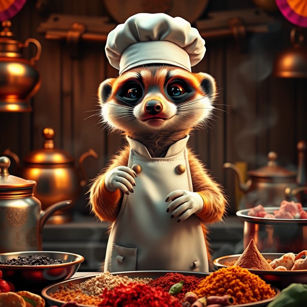 Whimsical Meerkat Chef in a Culinary Dreamscape