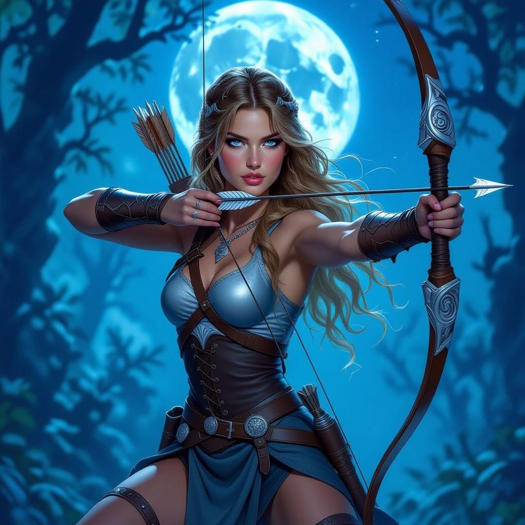 Muscular Huntress with Bow in Moonlit Enchanted Forest