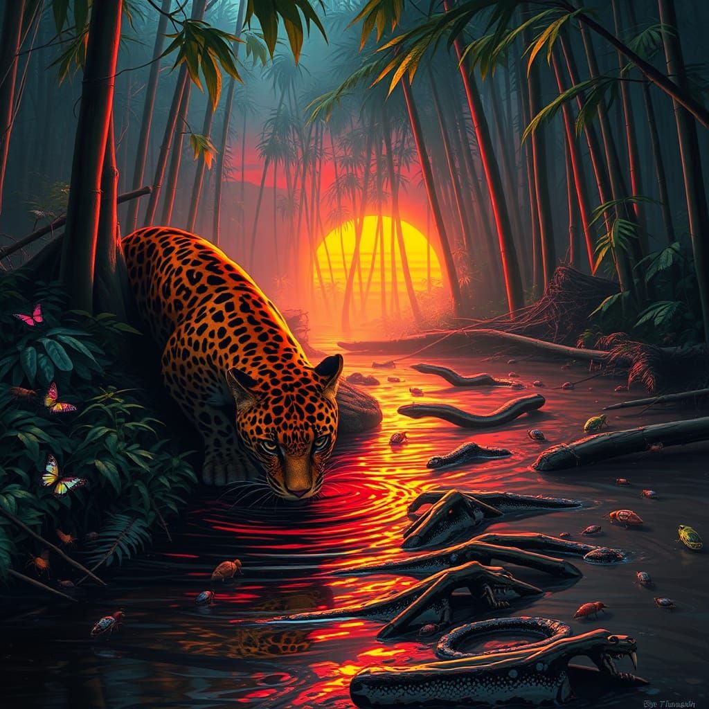 Synthwave Jaguar in Amazon Jungle