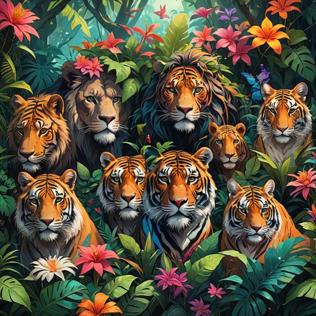 Harmonious Jungle Animals in Vibrant Digital Art