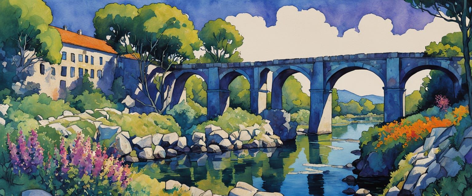 Industrial Wasteland with Bauhaus Bridge in Watercolor