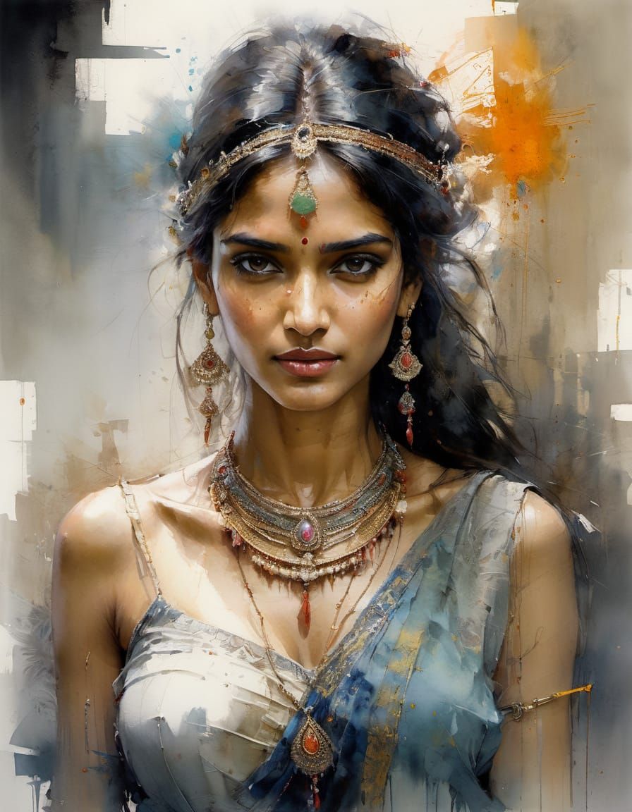 Stunning Indian Woman Portrait in Watercolor Style