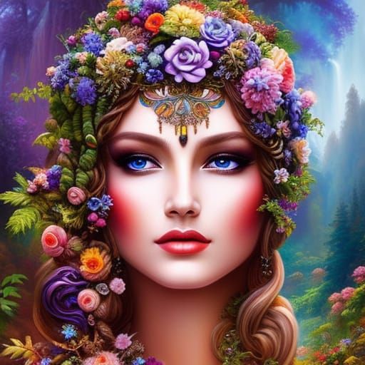 Nature Goddess with Floral Dress, Art Nouveau Portrait