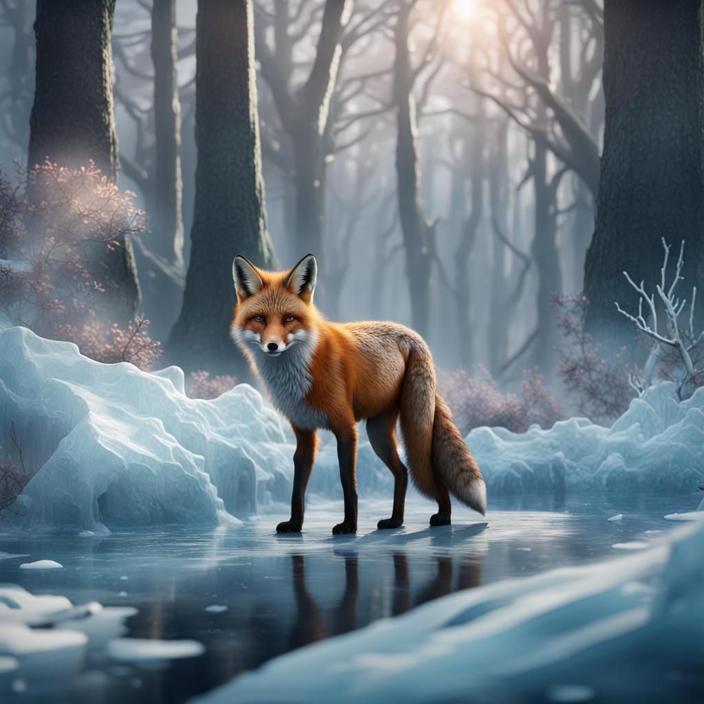Fox Fantasy in Icy Forest: Detailed Matte Painting
