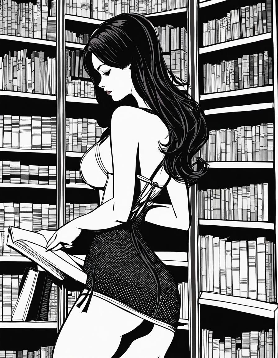 Line Art: Brunette Woman Dusting Bookshelf