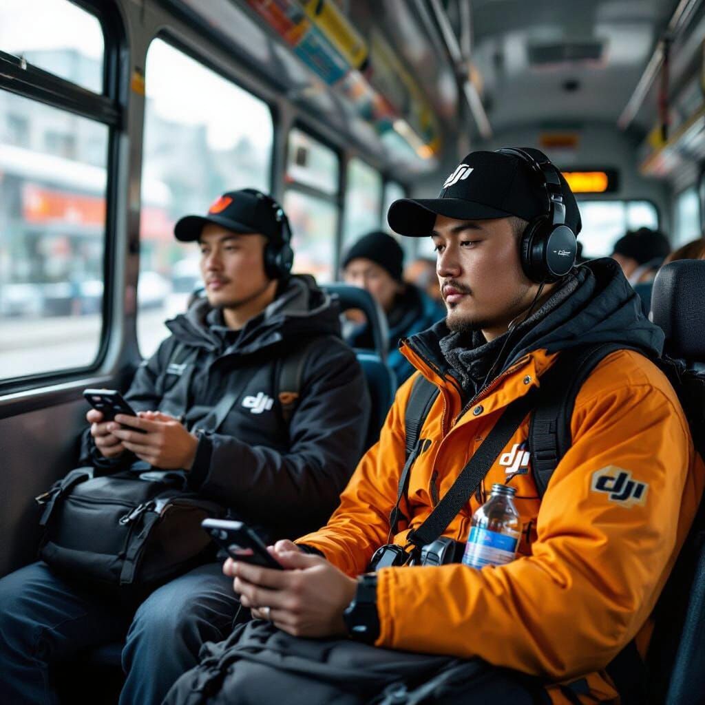 Person on Bus with DJI Shirt in Photojournalistic Style