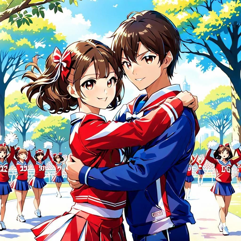 Romantic Cheerleader Hug in Anime Style