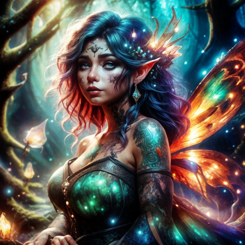 Tattooed Fairy Woman in Magical Forest