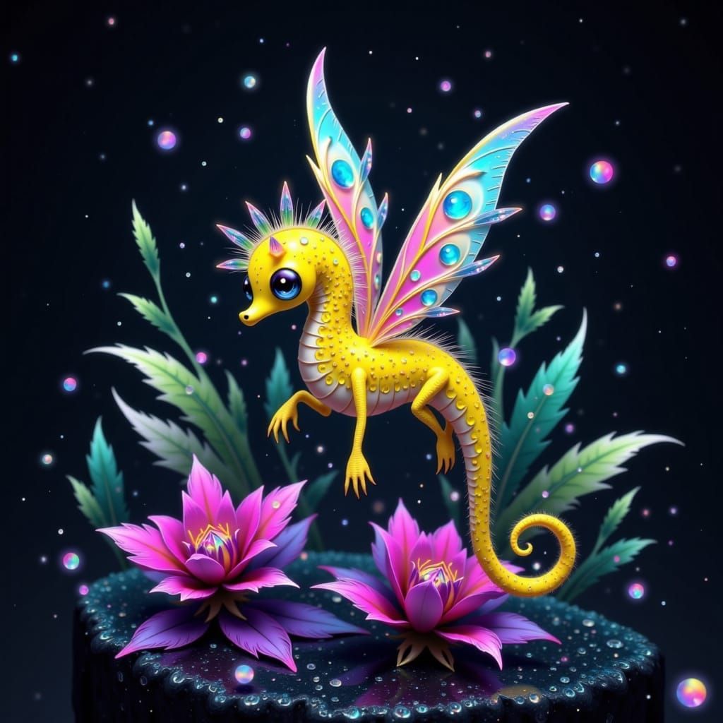 Glowing Seahorse with Wings in Crystal Cave