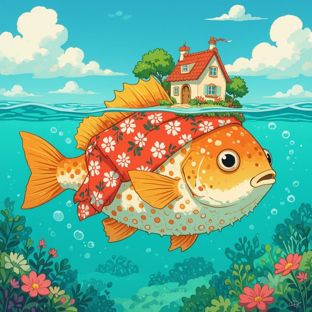 Whimsical Blowfish House in Anime Style