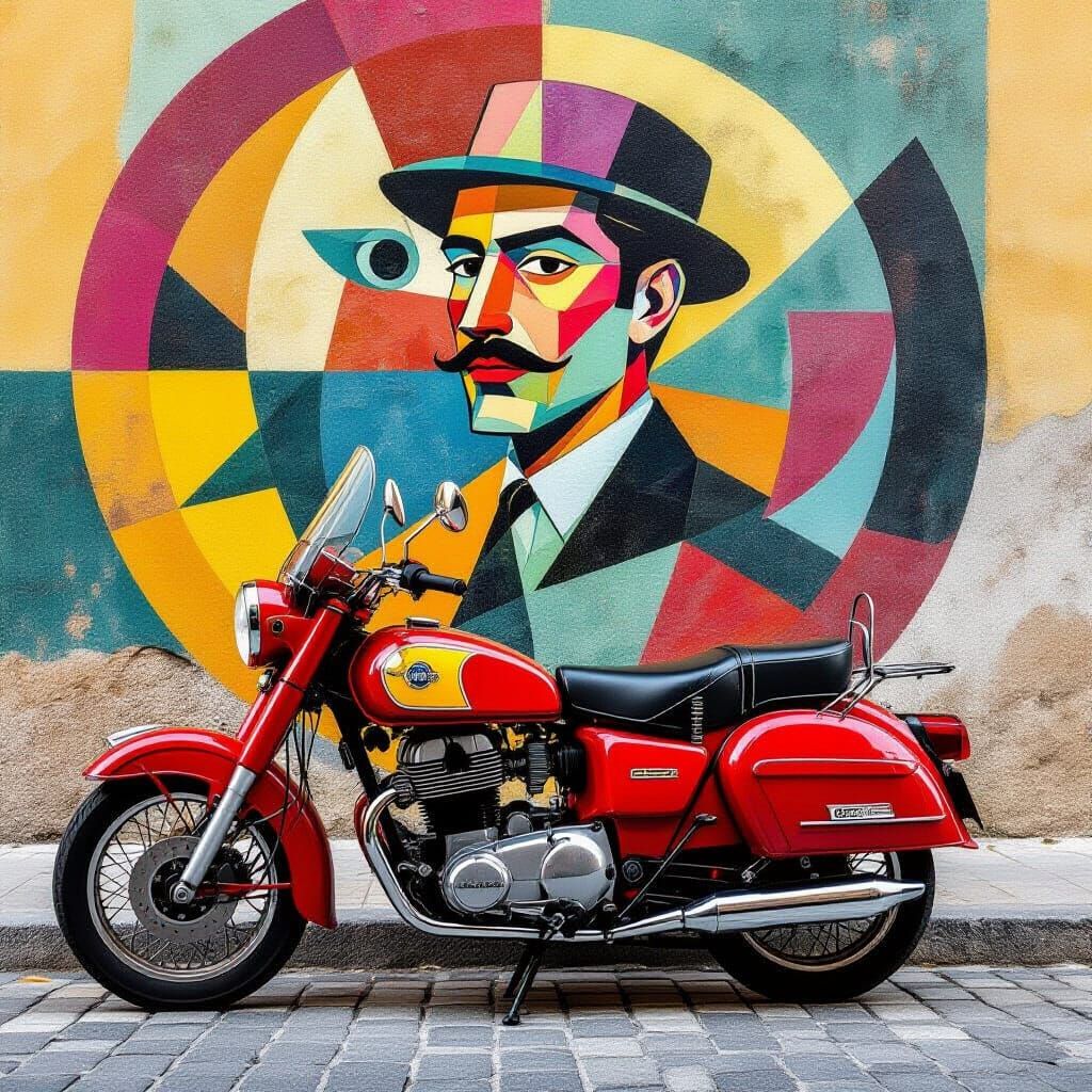 Vintage Motorcycle with Mural in Mead-Thorp-Pardo Style