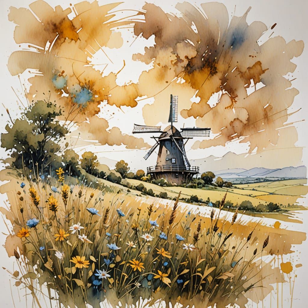 Surreal Summer Windmill Captured in Warm Watercolour Style