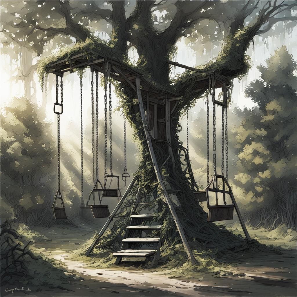 Eerie Forest Clearing with Decayed Swingset