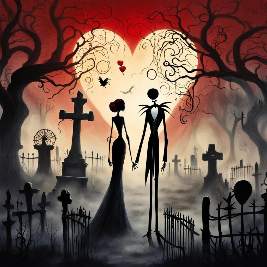 Jack and Sally in Burtonesque Graveyard
