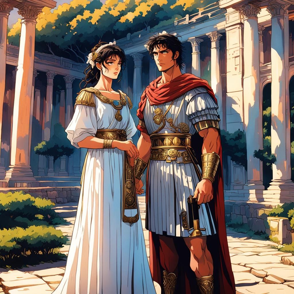 Anime Roman Couple in Lush Garden Setting