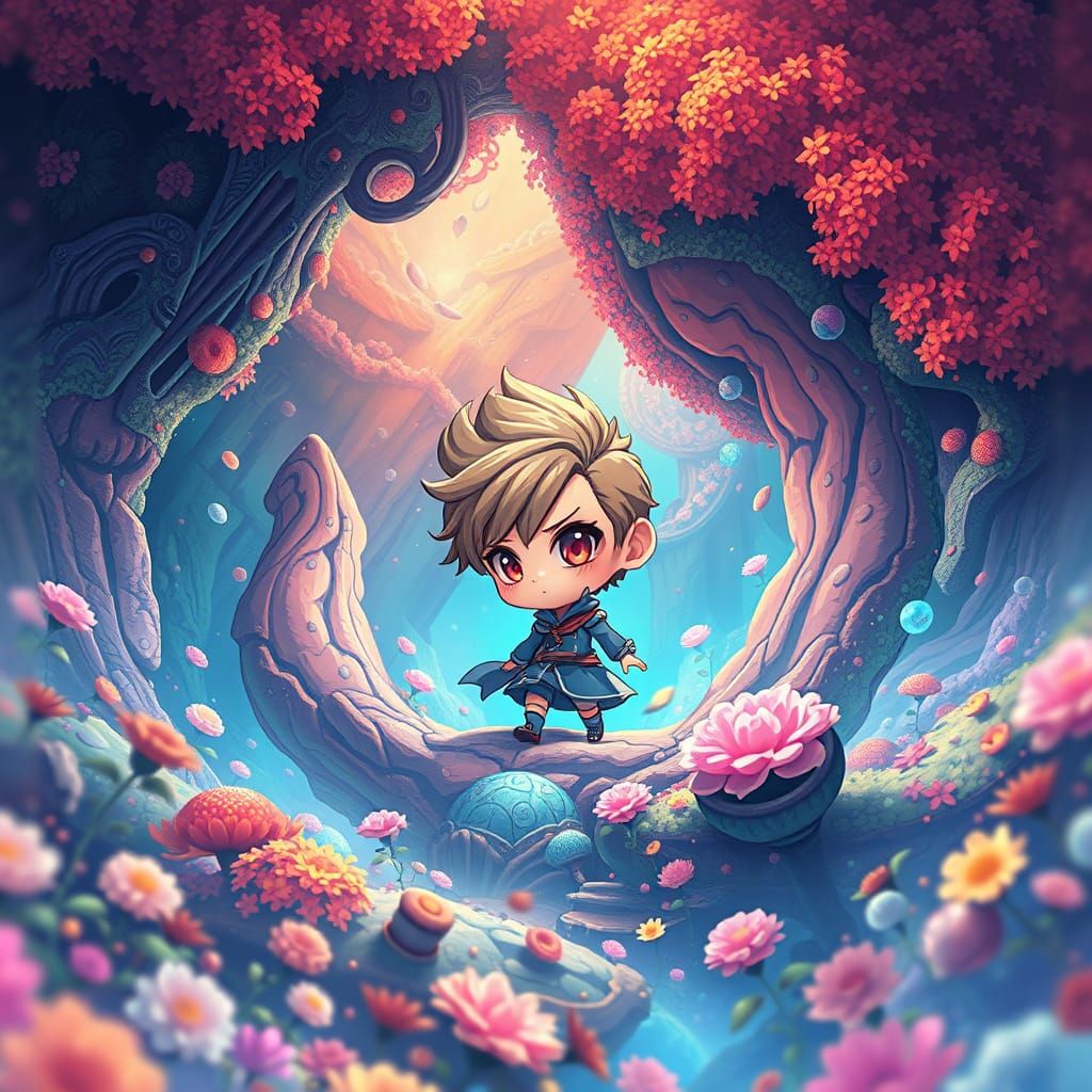 Surreal Fantasy Chibi Scene in High-Contrast Aesthetic