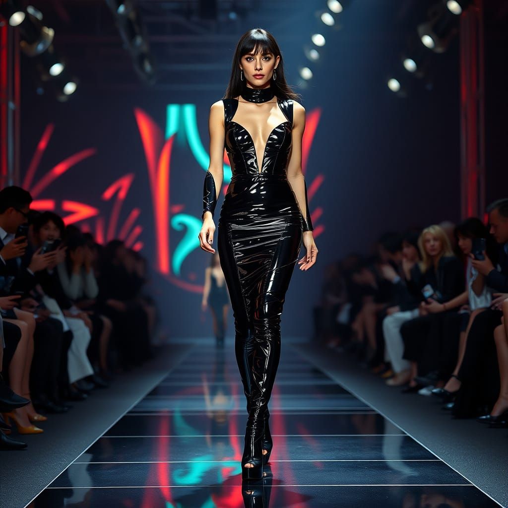 Top Model Struts Down the Catwalk in Black Latex Fashion