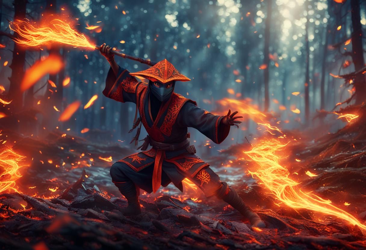 Fiery Fox Ninja in Mystical Forest Concept Art