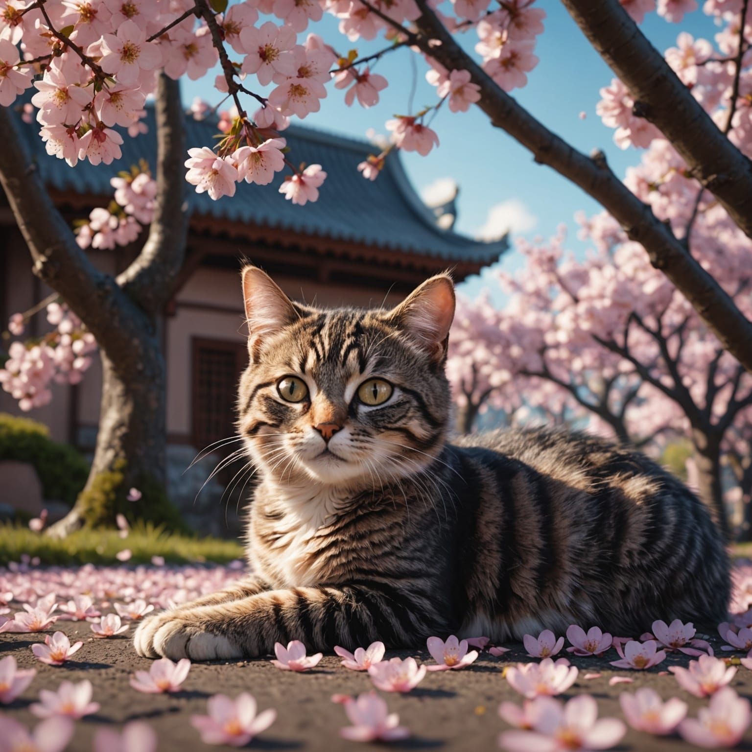 Whimsical Cherry Blossom Cat in Dreamlike Bloom