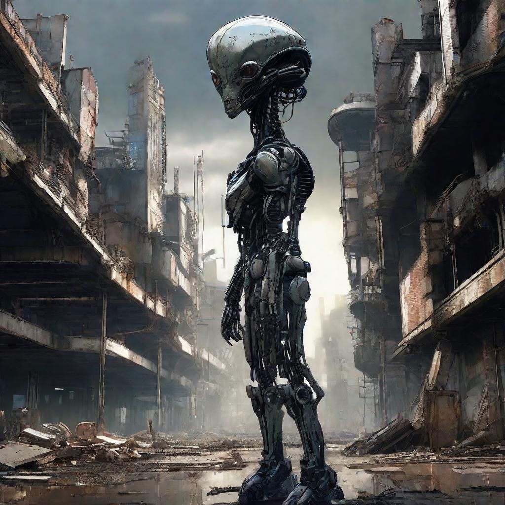Anime-Style Alien Cyborg in Ruined Sci-Fi Landscape