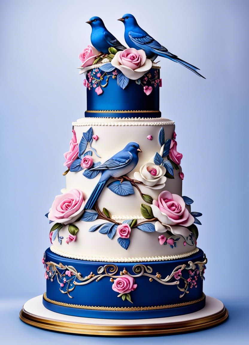 Wedding Cake with Bluebird and Rose Decoration