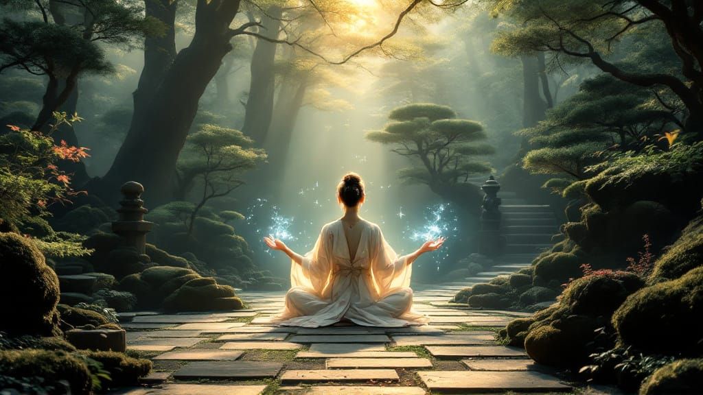 Mystic in Zen Garden with God Rays, Hokusai Style