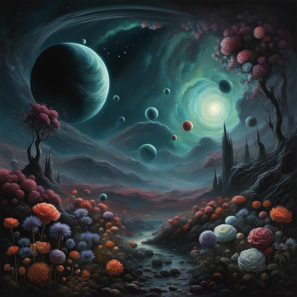 Cosmic Flowers in a Dreamy Horror Scene