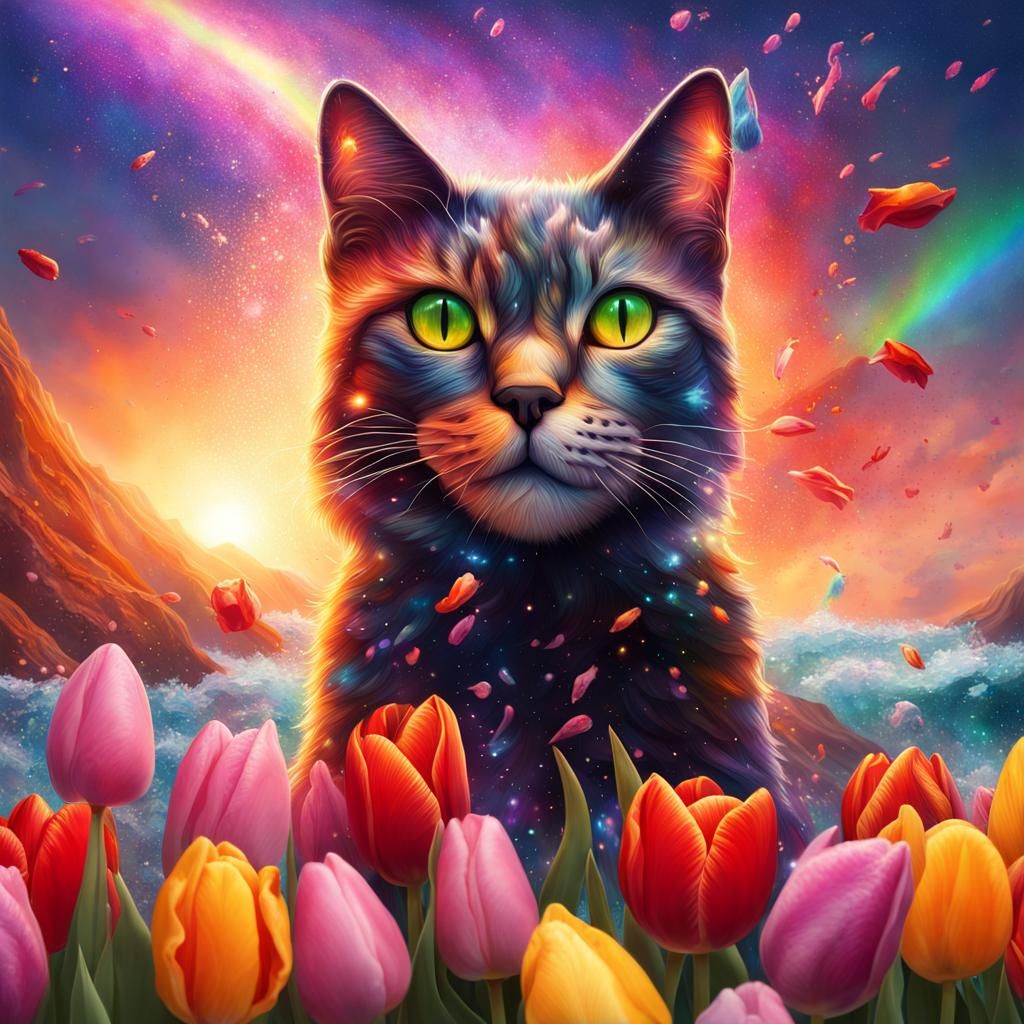 Rainbow Cats Erupting from Volcano, Hyperrealistic Art
