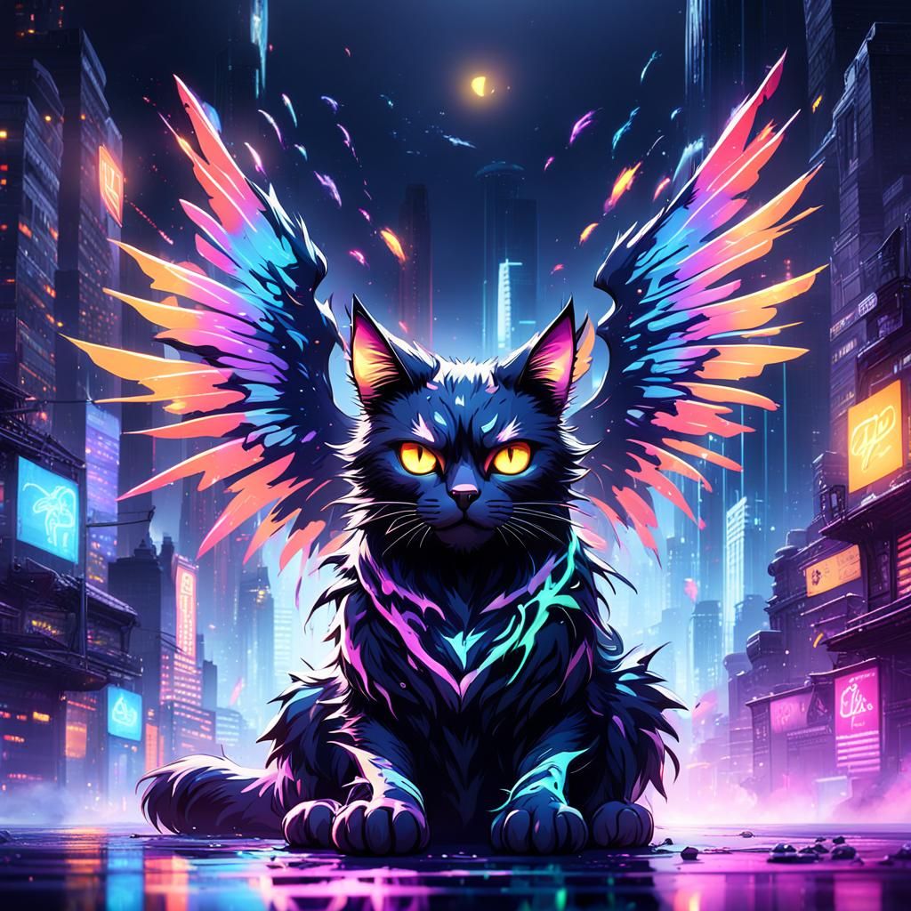 Neon-Winged Cyberpunk Cat in Dark Cityscape