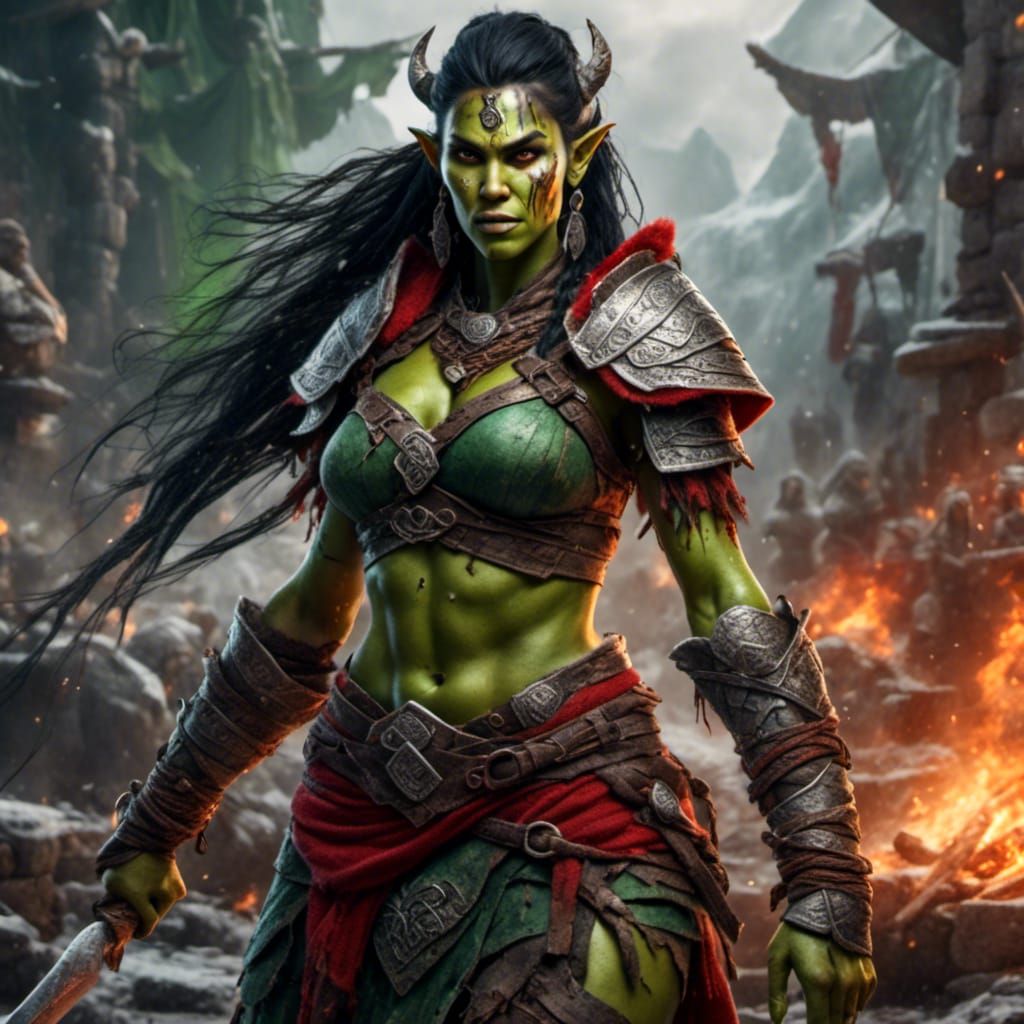 Green-Skinned Half-Orc Warrior with Red Tattoos