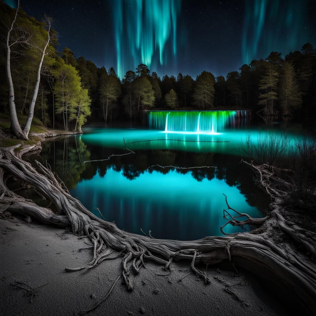 Bioluminescent Lake with Waterfall
