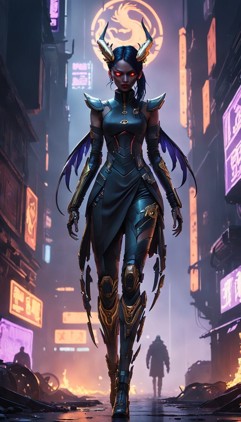 Cyberpunk Goddess Reborn in Dark Metropolis