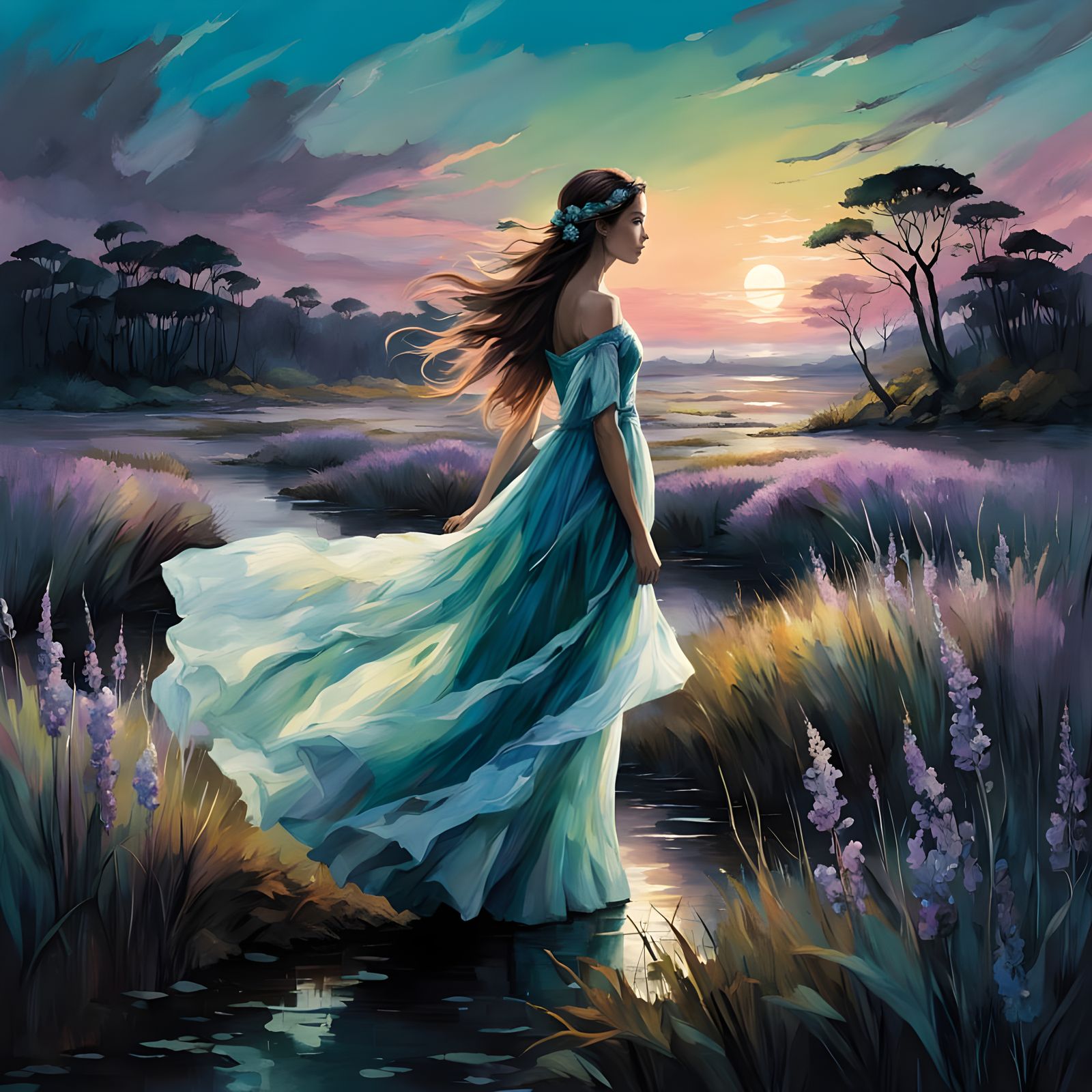 Mystical Marsh at Sunset in Dreamy Watercolor Style