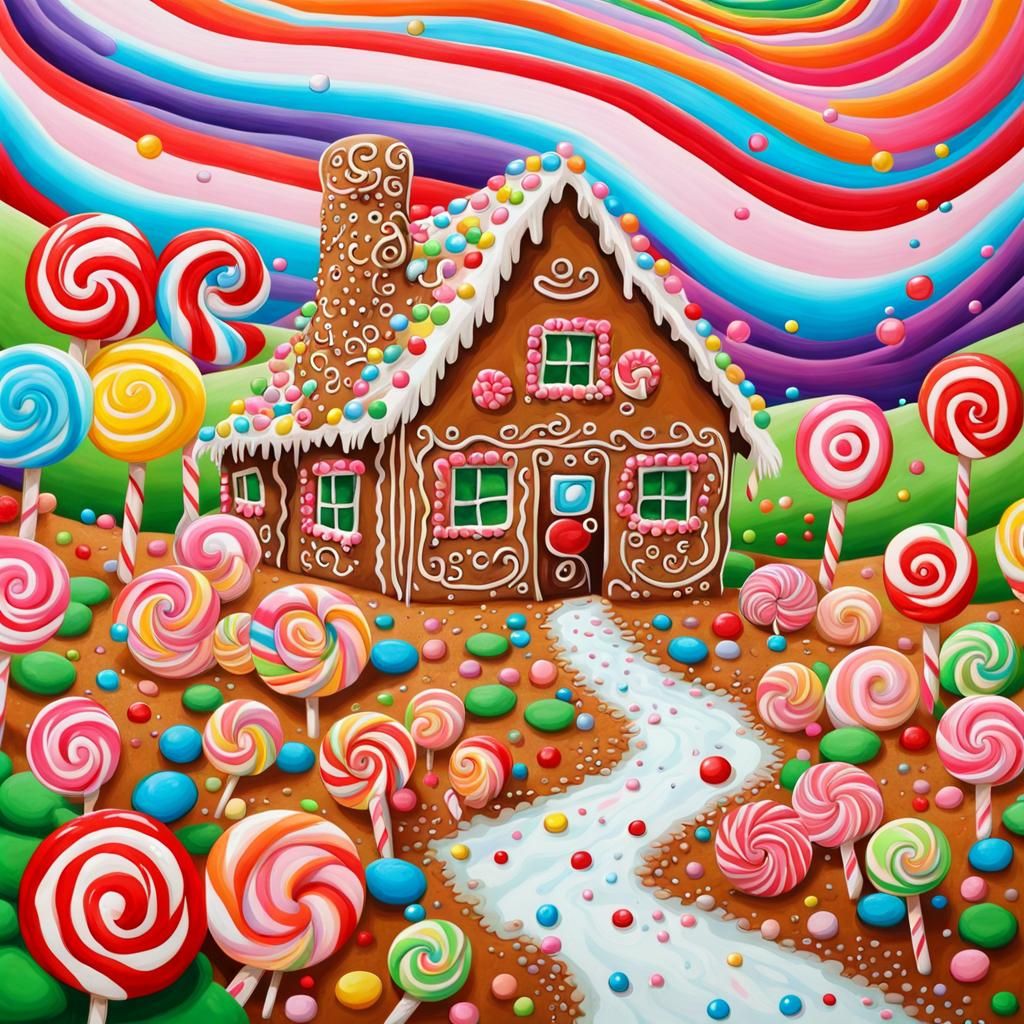 Vibrant Candyland Gingerbread Cabin in Gouache