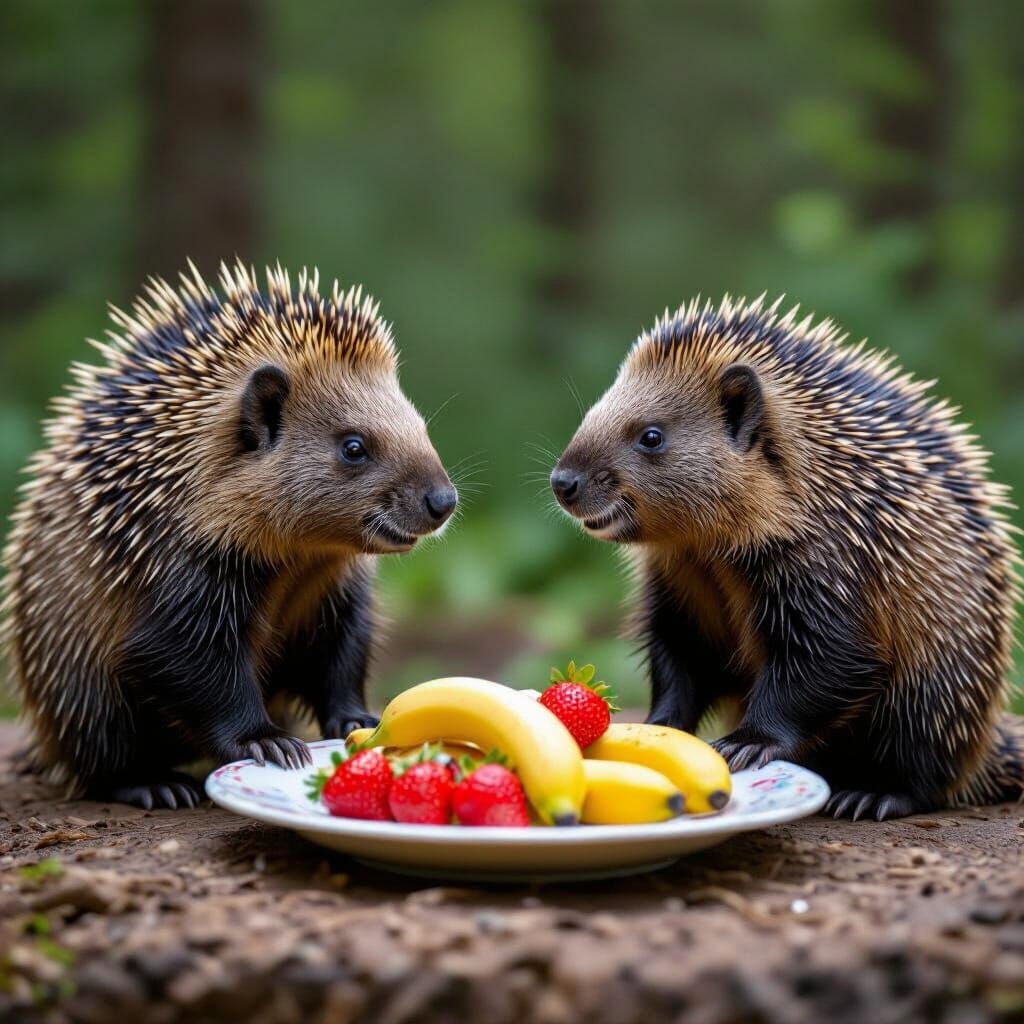 Porcupine Family Debate Over Fruit Plate