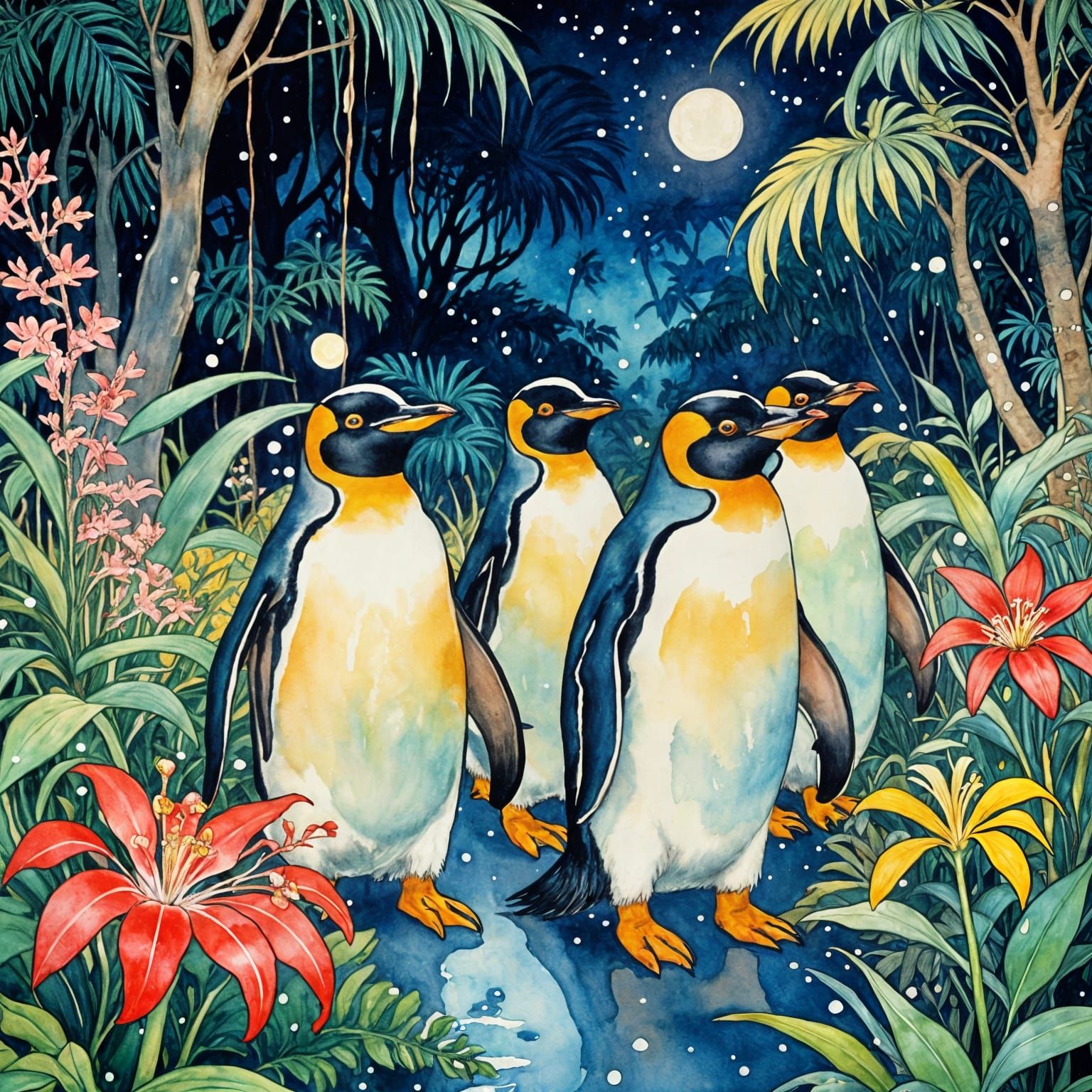Whimsical Penguins Embark on Jungle Quest Under Starry Skies...