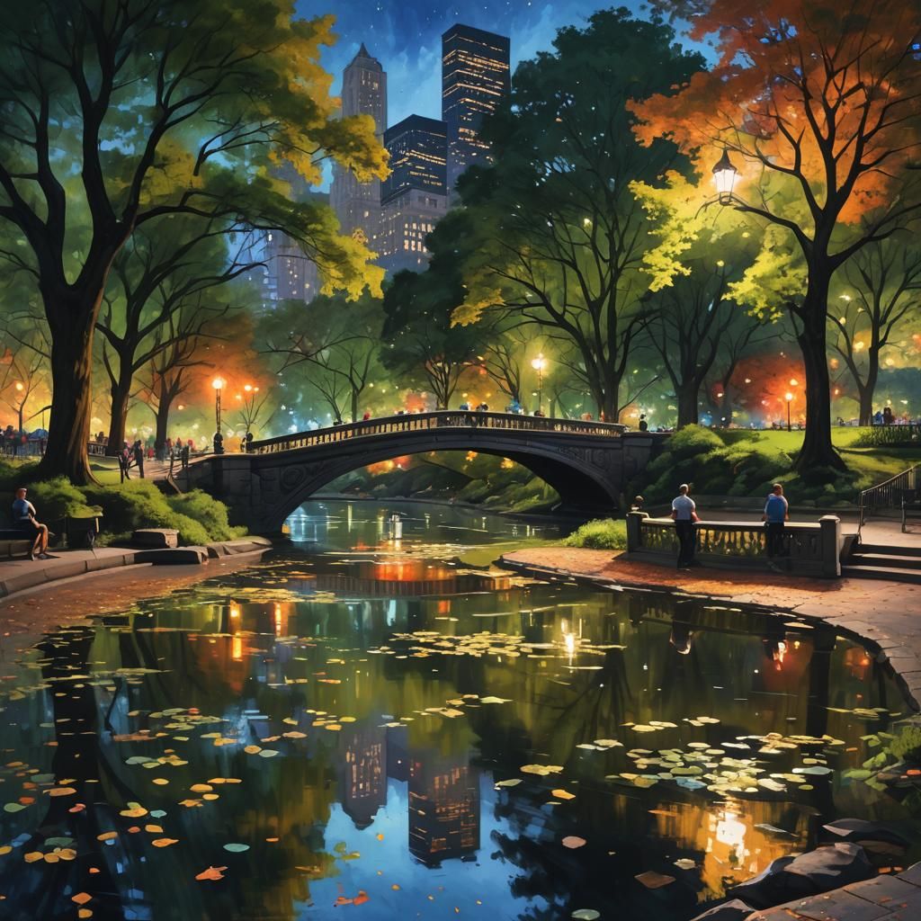 Central Park at Night: Hyperrealistic Splash Art