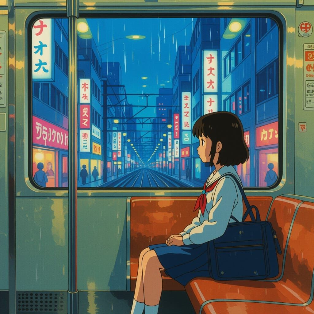 Girl Gazes at Blurring City Lights on Tokyo Train