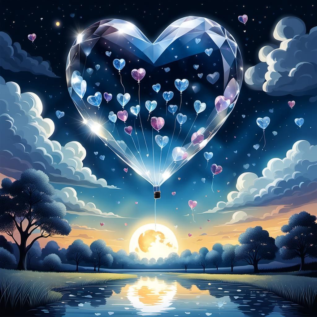 Crystal Heart Balloons Ascend to Sunny Sky